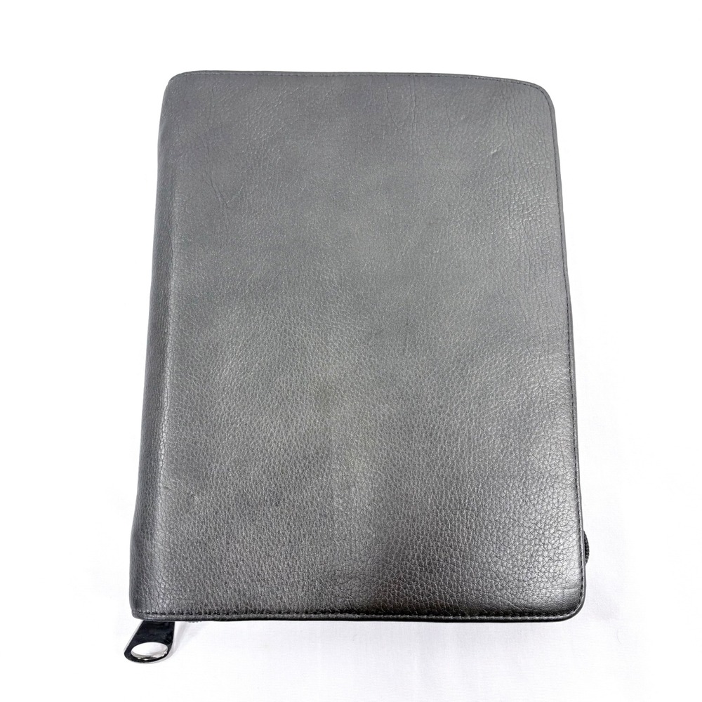 Franklin Covey Planner Metallic Pewter Pebbled Leather 7 Ring Zip Organizer‎
